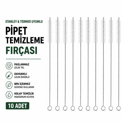 10'lu Pipet Temizleme Fırçası Cam Metal Silikon Pipet Termos Stanley Uyumlu Uzun Saplı Temizleme Fırçası