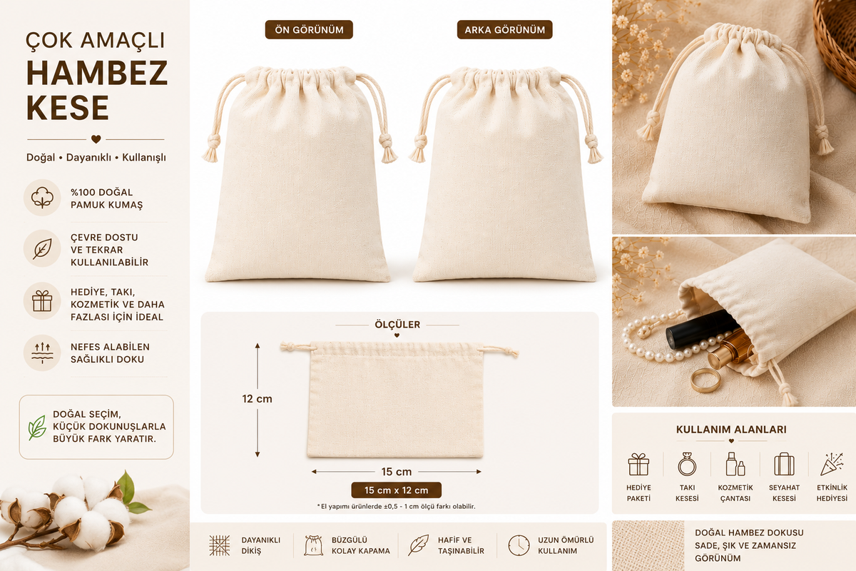 1 Adet Doğal Hambez Kese Çok Amaçlı Bez Torba İpli Büzgülü Organik Bez Kese 15cmx12cm