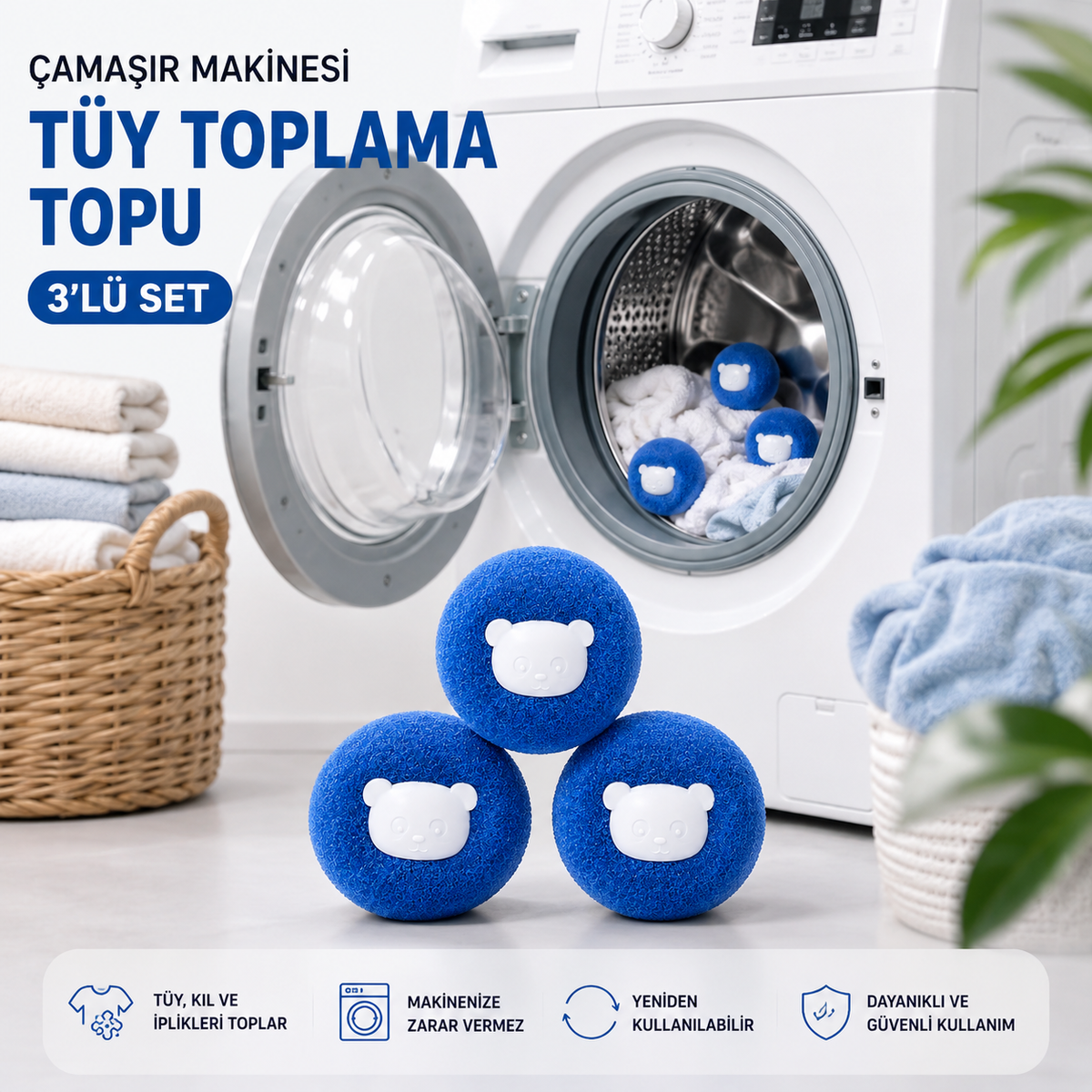 3’lü Çamaşır Makinesi Tüy Toplama Topu Tüy Kıl Saç Toplayıcı Yeniden Kullanılabilir