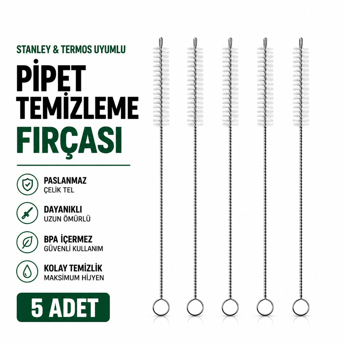 5'li Pipet Temizleme Fırçası Cam Metal Silikon Pipet Termos Stanley Uyumlu Uzun Saplı Temizleme Fırçası
