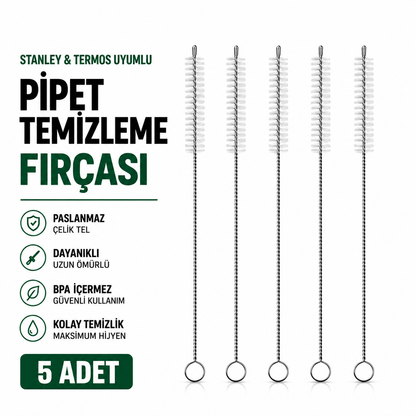 5'li Pipet Temizleme Fırçası Cam Metal Silikon Pipet Termos Stanley Uyumlu Uzun Saplı Temizleme Fırçası