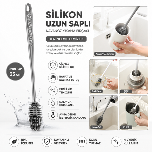 Silikon Uzun Saplı Kavanoz Şişe Bardak Yıkama Fırçası