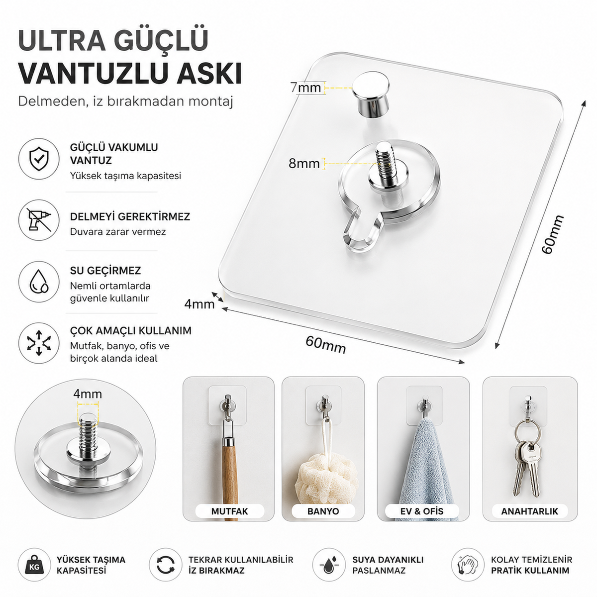 Ultra Güçlü 5'li Vantuzlu Askı Şeffaf Yapışkanlı Duvar Askısı