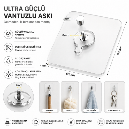Ultra Güçlü 5'li Vantuzlu Askı Şeffaf Yapışkanlı Duvar Askısı